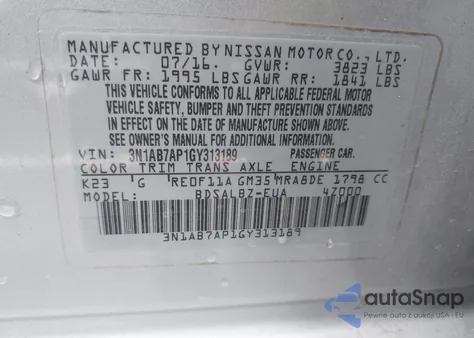 2016 Nissan Sentra S z USA, uszkodzony, nr VIN 3N1AB7AP1GY313189